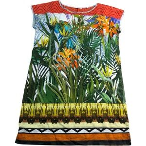 SFIZIO Shift Orange Tropical Floral Dress US8 L Womens Made in Italy 100% Cotton